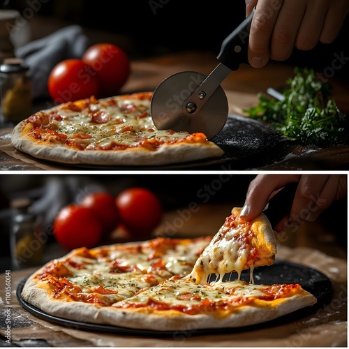 Hands using a pizza cutter to slice a pizza into equal portions, followed by serving the slices. photo