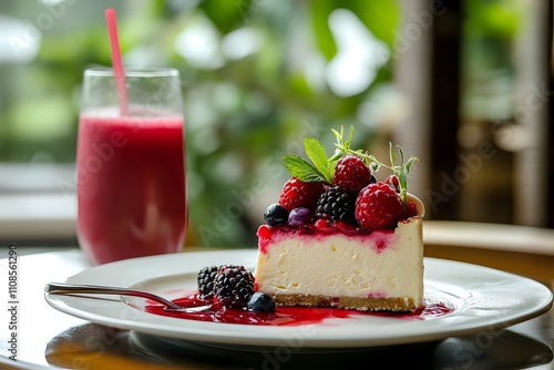 Delicious Berry Cheesecake Slice with Refreshing Smoothie A Perfect Summer Treat Indulge in this creamy, fruity dessert alongside a vibrant berry smoothie