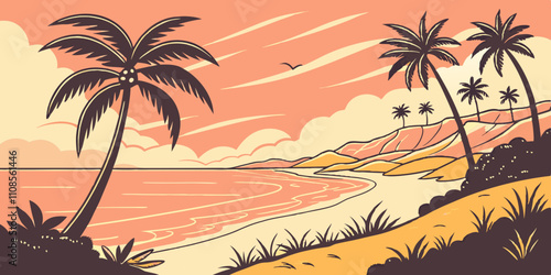 vector sunset tropical beach illustration. flat style nature landscape, seascape
