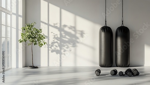 Minimalist Home Gym Interior Design: Black Punching Bags and Dumbbells in a Bright Room photo