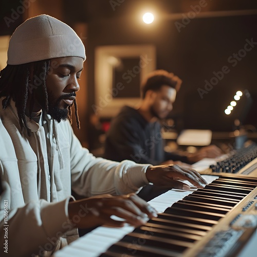 Hip-hop songwriters composing songs with a piano in a recording studio, showcasing the creative process of blending traditional instrumentation with modern beats. photo