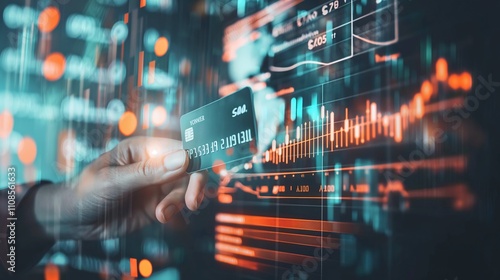 Close-up of a hand holding a credit card, preparing to swipe it through a card reader. E-commerce, cashless payment, mobile payment, financial technology, e-wallet