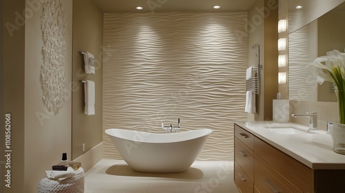 A serene bathroom with a freestanding tub, a floating vanity, and recessed lighting. photo