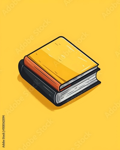 A colorful illustration of a stacked book featuring a vibrant yellow cover, a black spine, and white pages, set against a bright yellow background, evoking creativity and knowledge.