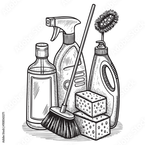 household chemicals cleaners set collection items sketch hand dawn drawing vector illustration