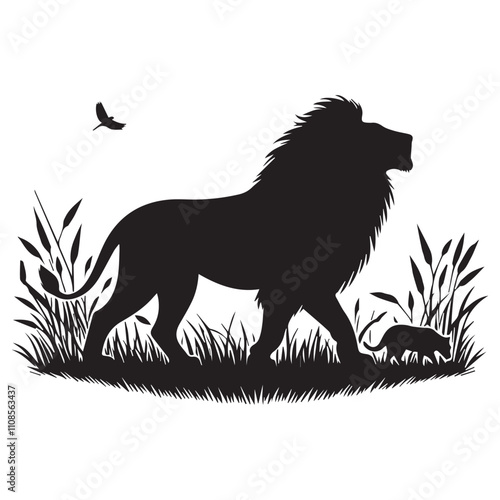 Jungle african lion with wild nature silhouette standing, Lion Silhouette: Dynamic and Intricate Vector Art Depiction of the Noble Wildcat in Striking Black Style minimalist lion black vector photo