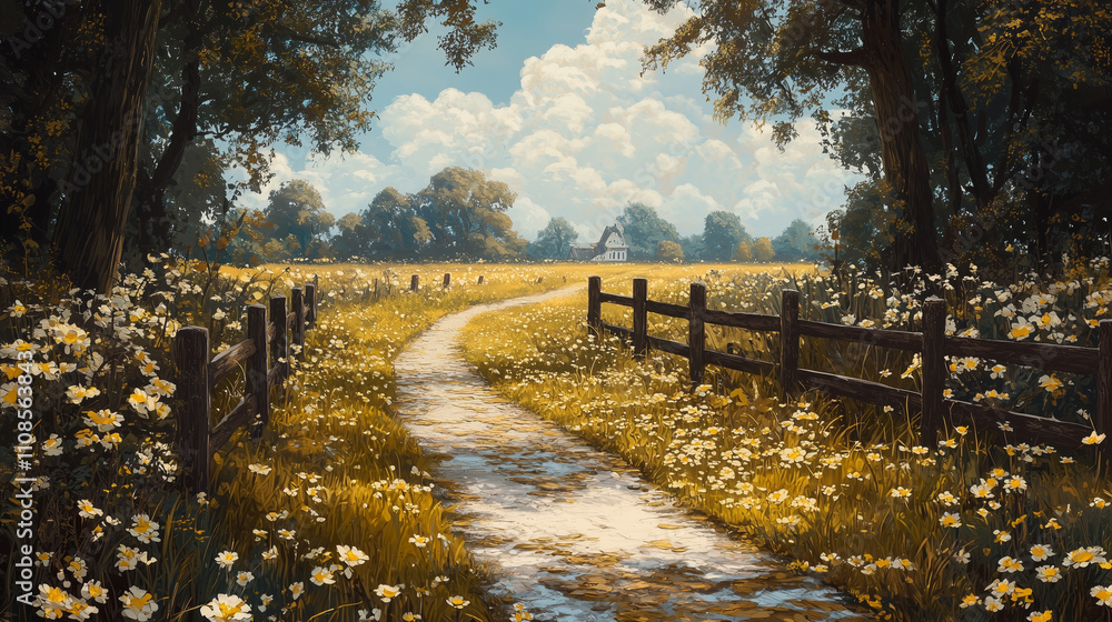 Obraz premium Idyllic country path winding through a meadow with daisies under a sunny sky