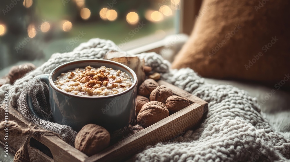Cozy cabin breakfast box with hearty oatmeal, hot cocoa, and nuts, wooden textures, mountain retreat ambiance, [breakfast box], [cabin comfort]