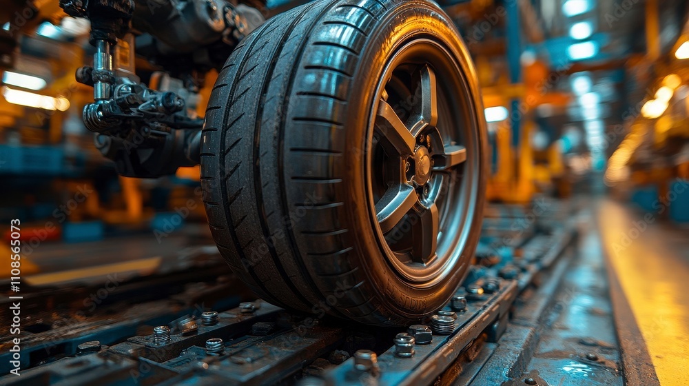 Close-up of a car tire on a production line in a factory Close-up of a car tire on a production line in a factory