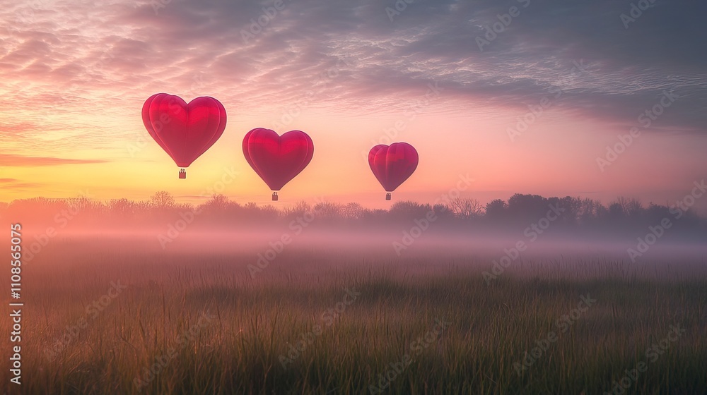 Obraz premium Serene meadow with heart-shaped hot air balloons rising into a pastel dawn, soft mist across the grass, wide lens. 