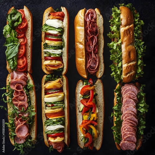 Long submarine sandwiches arranged on a dark background, showcasing their fresh ingredients and appetizing layers. photo