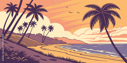 sunset beach with palm trees vector illustration. twilight sky
