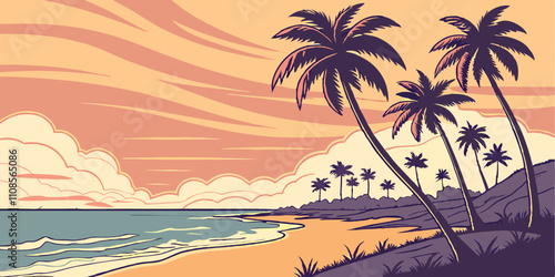 sunset beach with palm trees vector illustration. twilight sky
