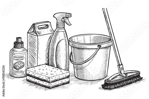 household chemicals cleaners set collection items sketch hand dawn drawing vector illustration