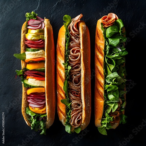 Long submarine sandwiches arranged on a dark background, showcasing their fresh ingredients and appetizing layers. photo