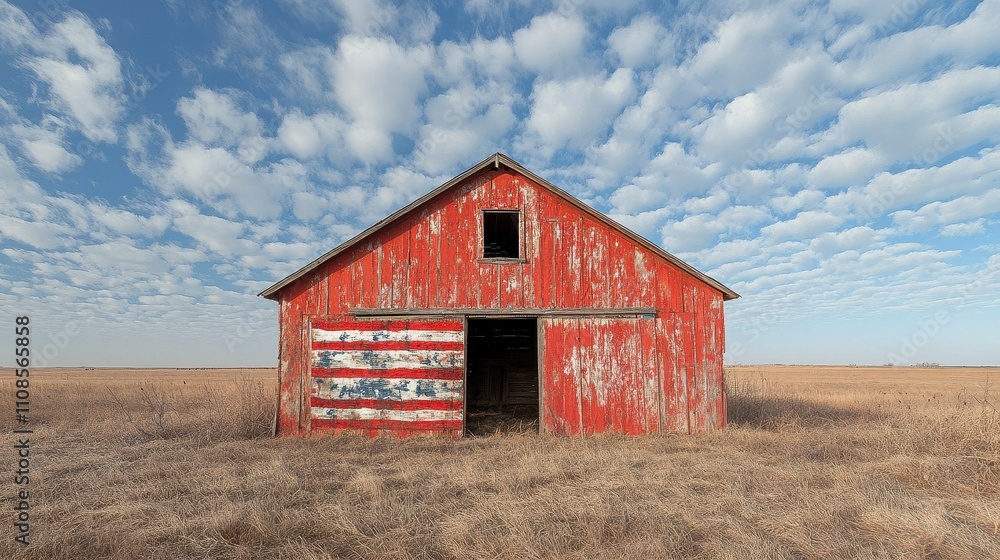 Obraz premium Rustic red barn under a dramatic sky with fluffy clouds