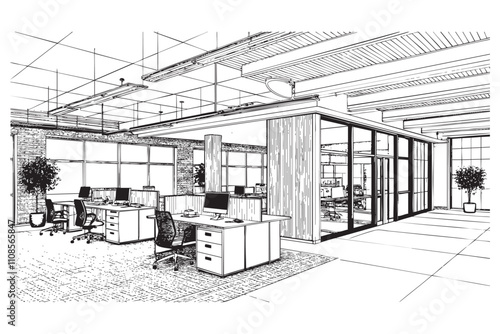 Office interior Open space sketch hand dawn drawing vector illustration