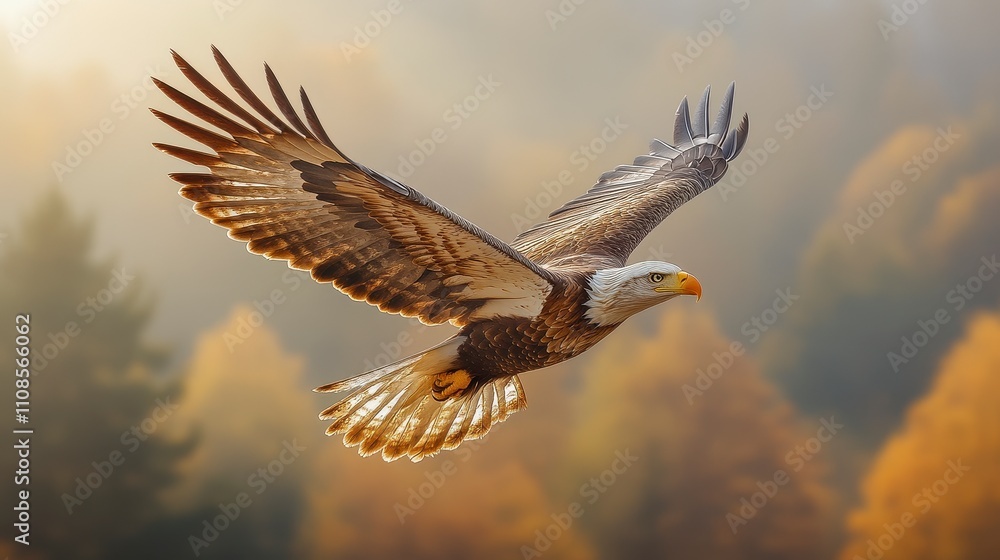Obraz premium Majestic eagle soaring through a misty forest landscape