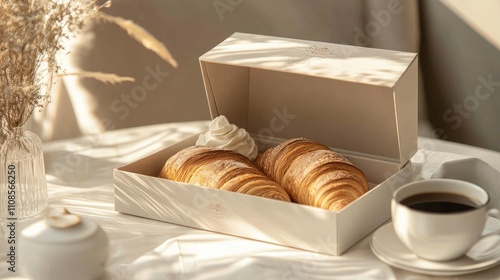 French-inspired breakfast box with baguettes, croissants, and espresso, Parisian aesthetic, elegant table setting, [breakfast box], [French elegance] photo