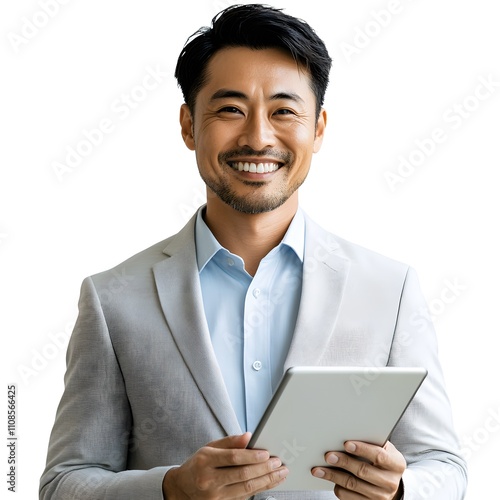 Portrait of a smiling Asian businessman holding a tablet, conveying confidence and professionalism. photo