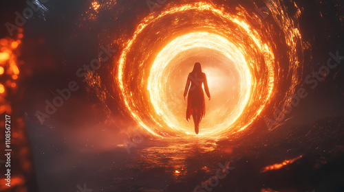 Human soul levitates in the abstract space surrounded by light and energy. portal to another world. afterlife, immortality spirituality concept. spirit travelling through time. Immortal. Illustration