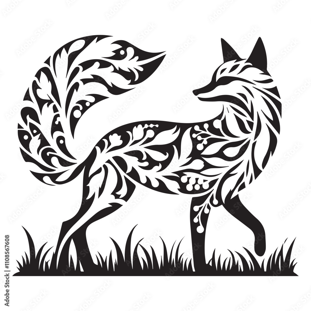 Obraz premium Fox silhouette in bohemian, boho, nature illustration. fox head art, vector illustration. Double exposure with fox and flowers, decorative concept. Poster, card or t-shirt design