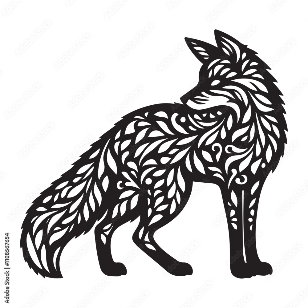 Obraz premium Fox silhouette in bohemian, boho, nature illustration. fox head art, vector illustration. Double exposure with fox and flowers, decorative concept. Poster, card or t-shirt design