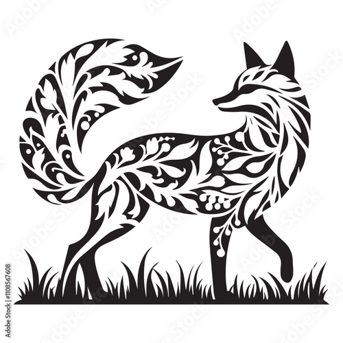 Fox silhouette in bohemian, boho, nature illustration. fox head art, vector illustration. Double exposure with fox and flowers, decorative concept. Poster, card or t-shirt design