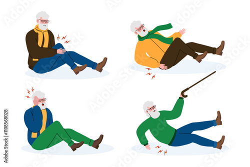 Elderly man experiences falls and injuries during daily activities in winter