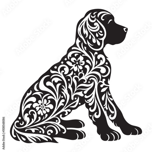Dog, chihuahua silhouette in bohemian, boho, nature dog in bohemian black and white silhouette illustration, dog zentangle stylized, vector, illustration, freehand pencil, hand drawn, pattern. Zen art