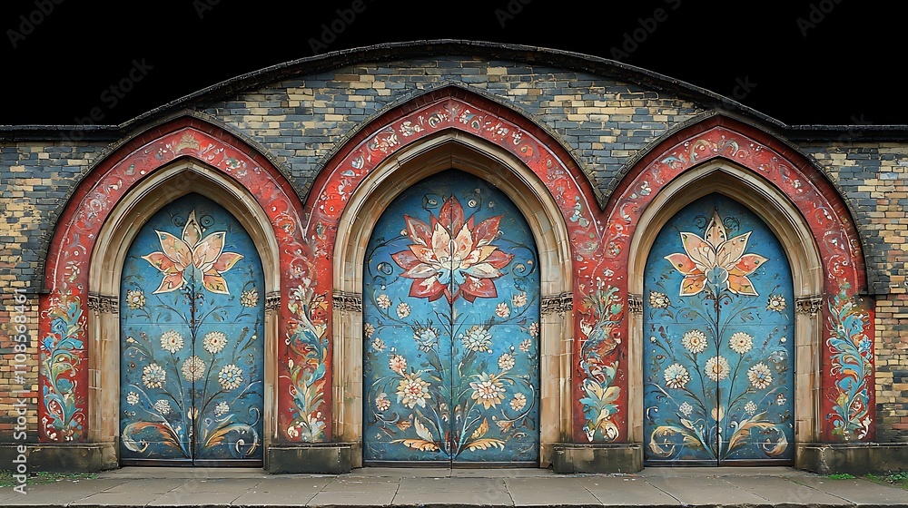 Fototapeta premium Vibrant Street Mural Showcasing Beautiful Floral Designs on Archways in Urban Setting