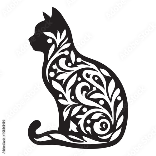 Abyssinian cat in bohemian Vector full-body cat with bohemian patterns, isolated on a white background with black Mystical Black Cat in Trendy boho style for printing on wall, T-shirt, tattoo, social 