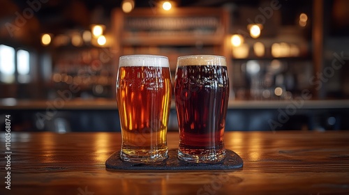 Two glasses of beer in a cozy bar setting photo