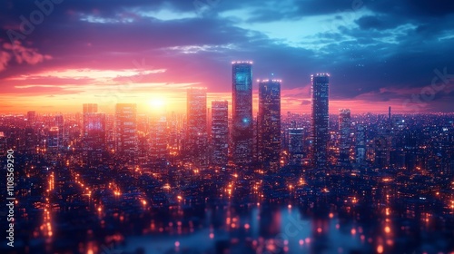 Wallpaper Mural Vibrant city skyline at sunset with glowing lights and dramatic clouds Torontodigital.ca