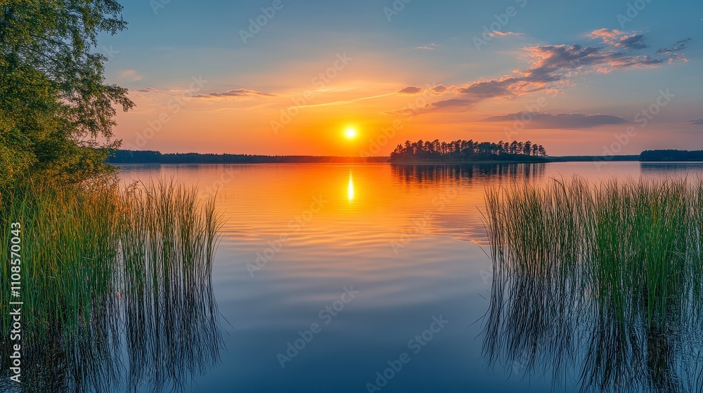 Fototapeta premium Serene sunset over calm lake with reflections and lush greenery
