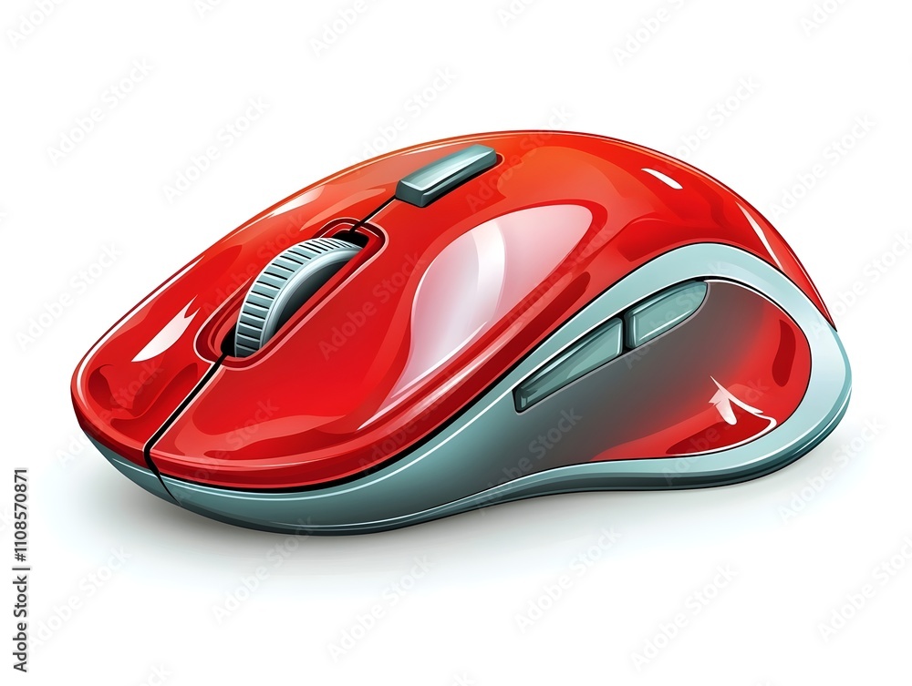 A sleek red computer mouse with a modern design, featuring a scroll wheel and ergonomic shape, sitting on a clean, white background. A sleek red computer mouse with a modern design, featuring a scroll wheel and ergonomic shape, sitting on a clean, white background.