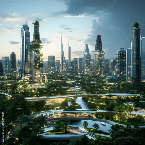 Urban Evolution showcases a cityscape with futuristic architecture and expansive green spaces, symbolizing the growth and development of urban environments. photo