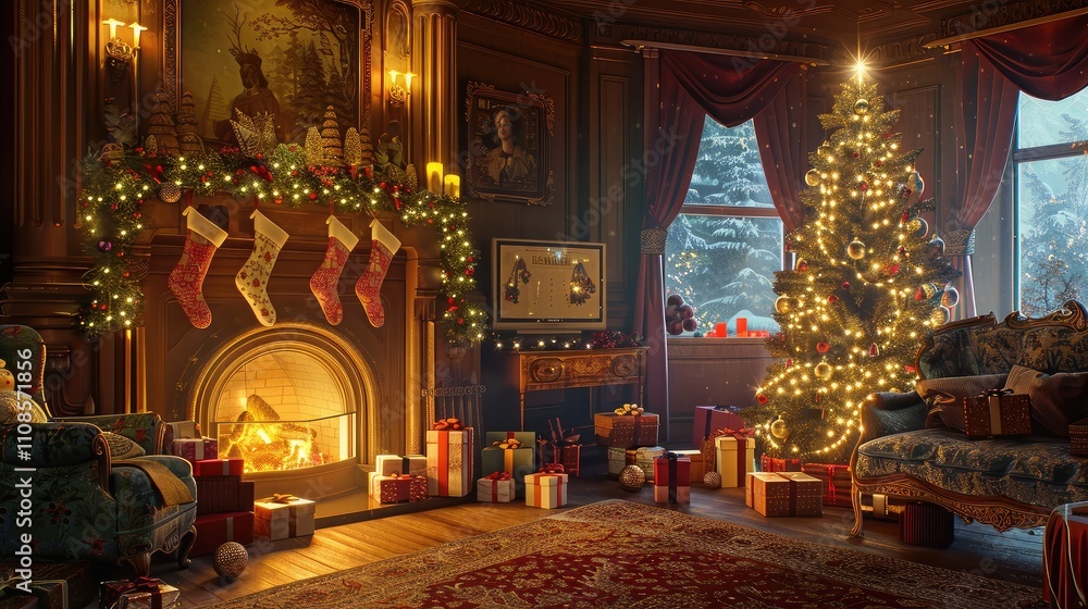 A cozy living room decorated for Christmas Eve, with a glowing fireplace, stockings hung on the mantel, and a beautifully lit Christmas tree surrounded by gifts A cozy living room decorated for Christmas Eve, with a glowing fireplace, stockings hung on the mantel, and a beautifully lit Christmas tree surrounded by gifts
