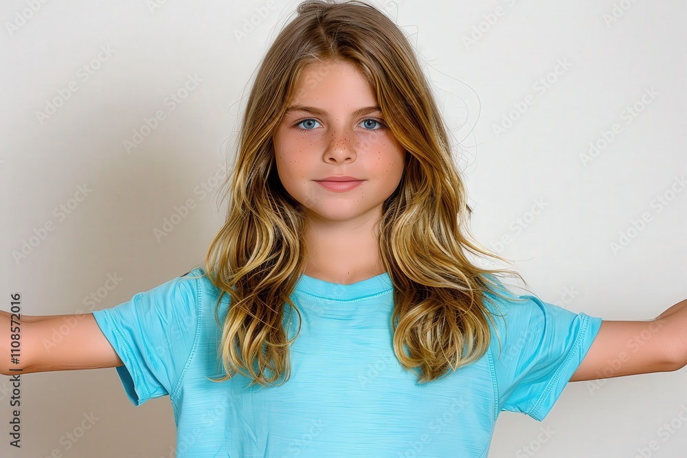 Obraz premium Empowering self-expression a young girl in a blue shirt poses confidently indoors capturing youthful spirit and joy