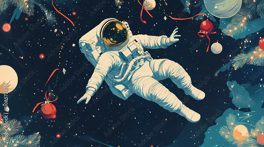 An astronaut gracefully floating in space surrounded by festive decorations, creating a whimsical and imaginative holiday scene in zero gravity. Immortal. Illustration An astronaut gracefully floating in space surrounded by festive decorations, creating a whimsical and imaginative holiday scene in zero gravity. Immortal. Illustration