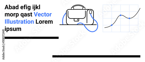 Business briefcase with a handle and blue outline wire beside a grid with a fluctuating graph. Ideal for finance, presentations, marketing, education, startups, technology, clinics. Landing page