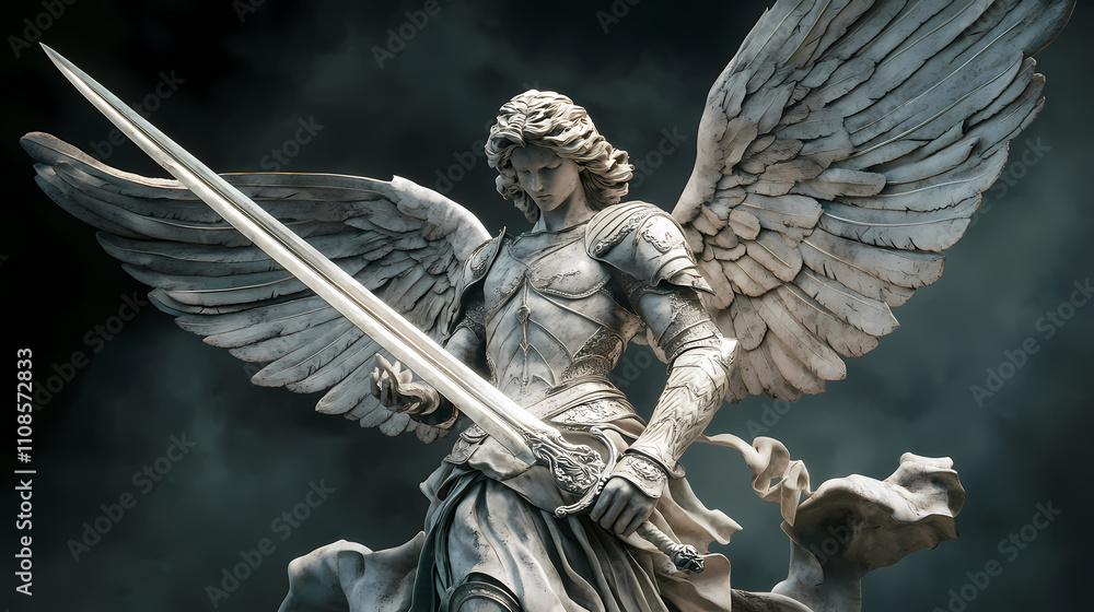 Fototapeta premium Angel statue with wings and sword - realistic image. Immortal. Illustration