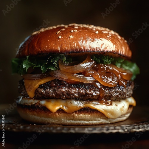 a cheese burger loaded with a juicy beef patty, lettuce, caramelized onions on a sesame bun photo