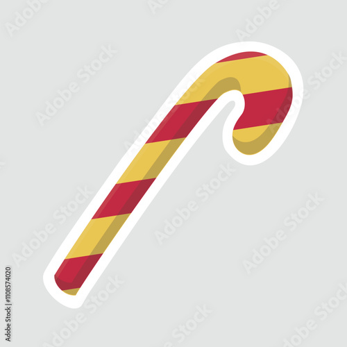 Festive Candy Cane with Red and Yellow Stripes Sticker- Holiday Treat Illustration photo