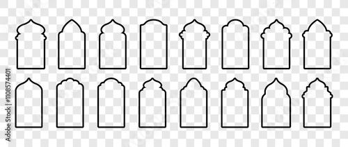 Islamic arch Windows. Indian architecture. Silhouettes of black Arabic door. Ramadan kareem frames. Traditional Vector illustration.