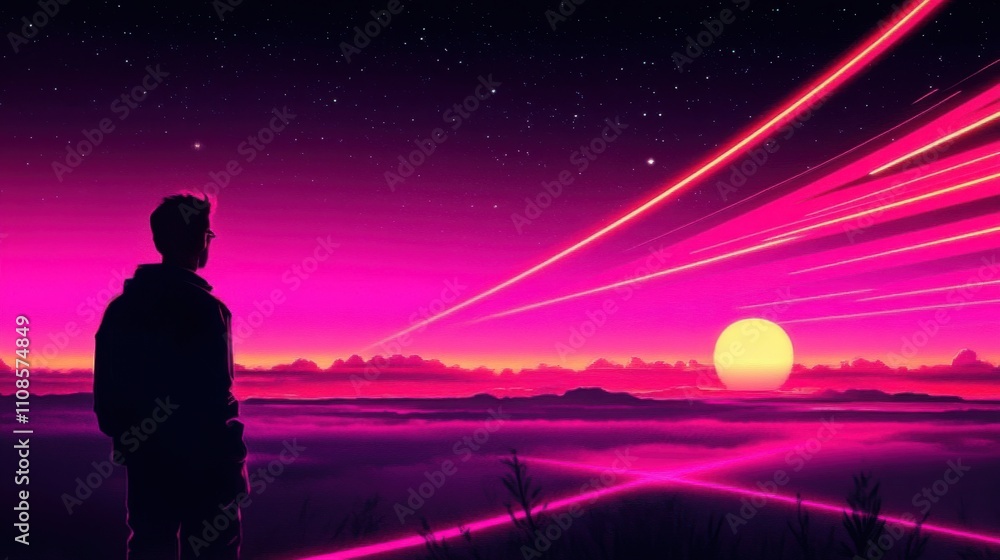 Fototapeta premium The scene features a futuristic blend of pink neon lights and a purple sky.