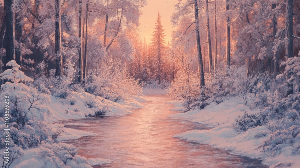 A serene winter forest featuring a glimmering frozen river in pastel pink tones, surrounded by frosted trees under a peaceful sunset A serene winter forest featuring a glimmering frozen river in pastel pink tones, surrounded by frosted trees under a peaceful sunset