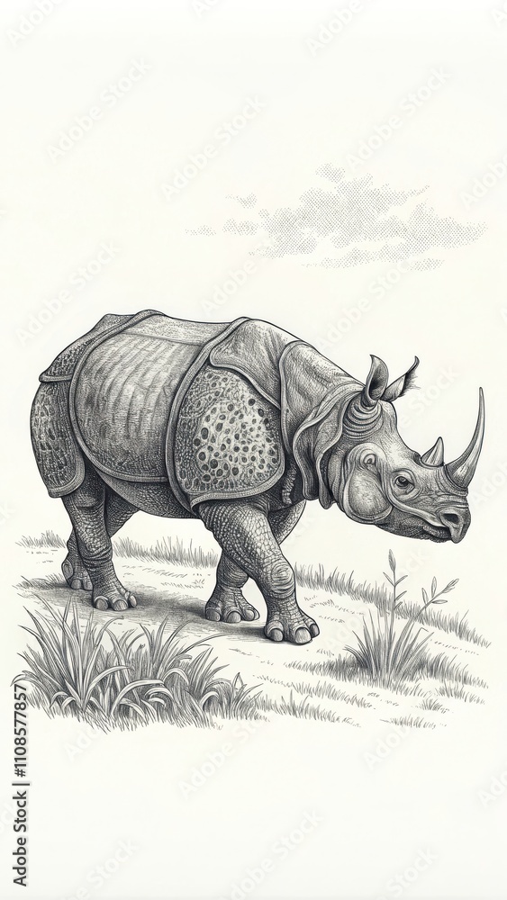 Fototapeta premium Vintage Illustration of Indian Rhinoceros Walking Through Grasslands. Generative AI