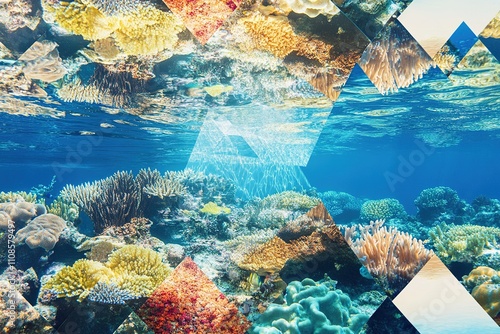 Colorful coral reef with geometric overlay photo