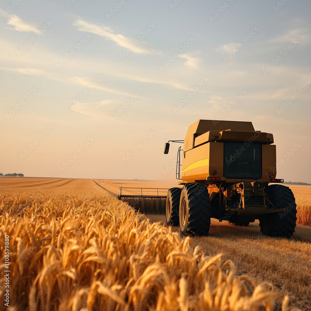 Fototapeta premium A tractor harvesting golden wheat in a vast field.